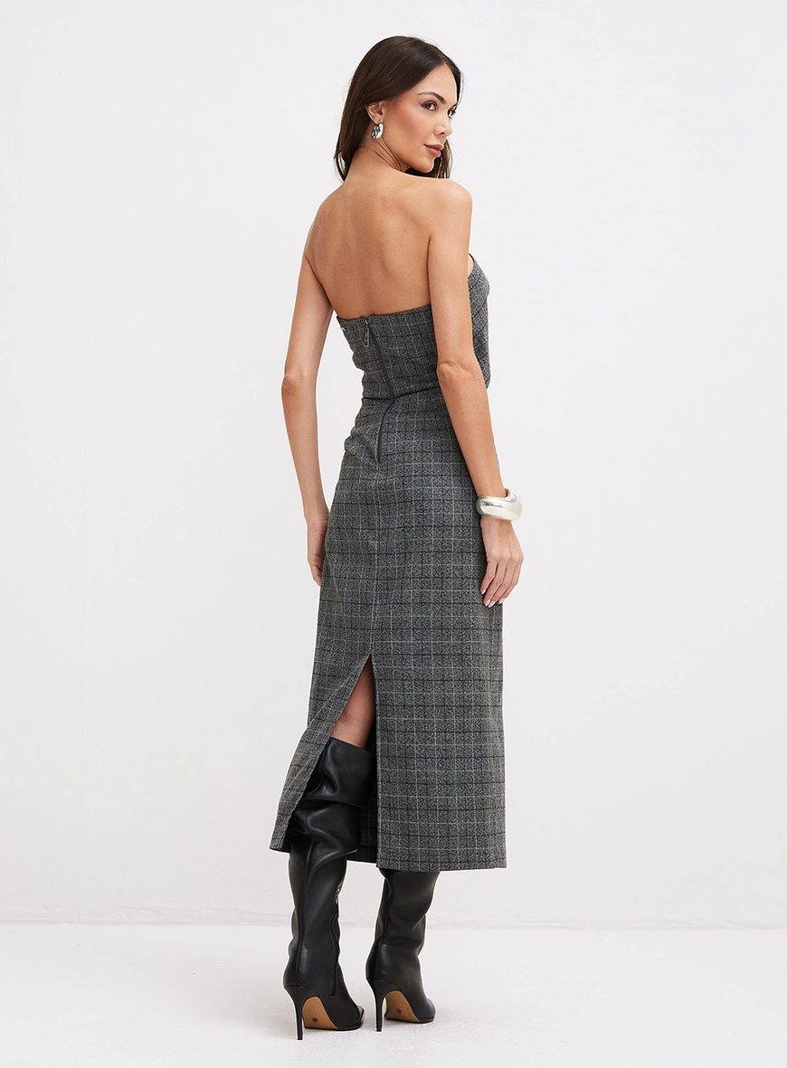 Vestido Midi Estruturado Xadrez Cinza