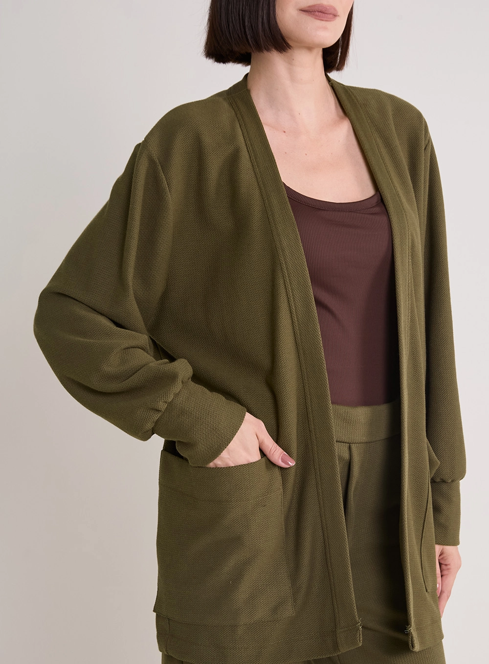 Cardigan De Malha Texturizada Com Bolsos Verde 3