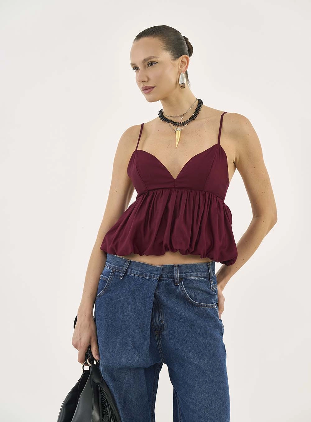 Blusa Balonê Peplum Bordô