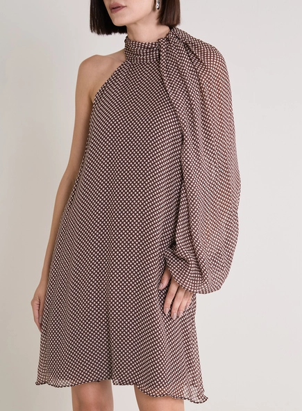 Vestido Curto Com Manga Única Estampado