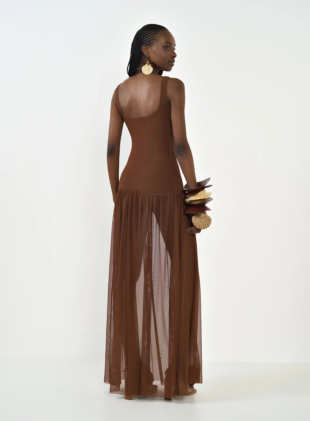 Vestido Longo Em Tule Marrom