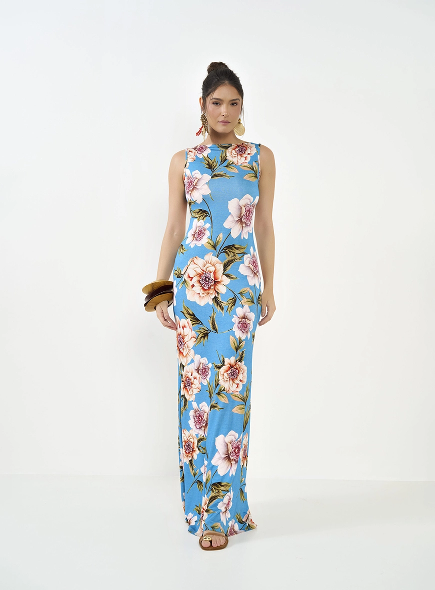 Vestido Longo Estampado Com Abertura Costas