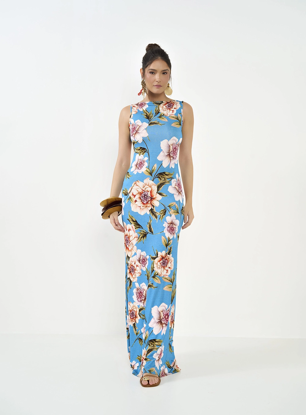 Vestido Longo Estampado Com Abertura Costas Estampados