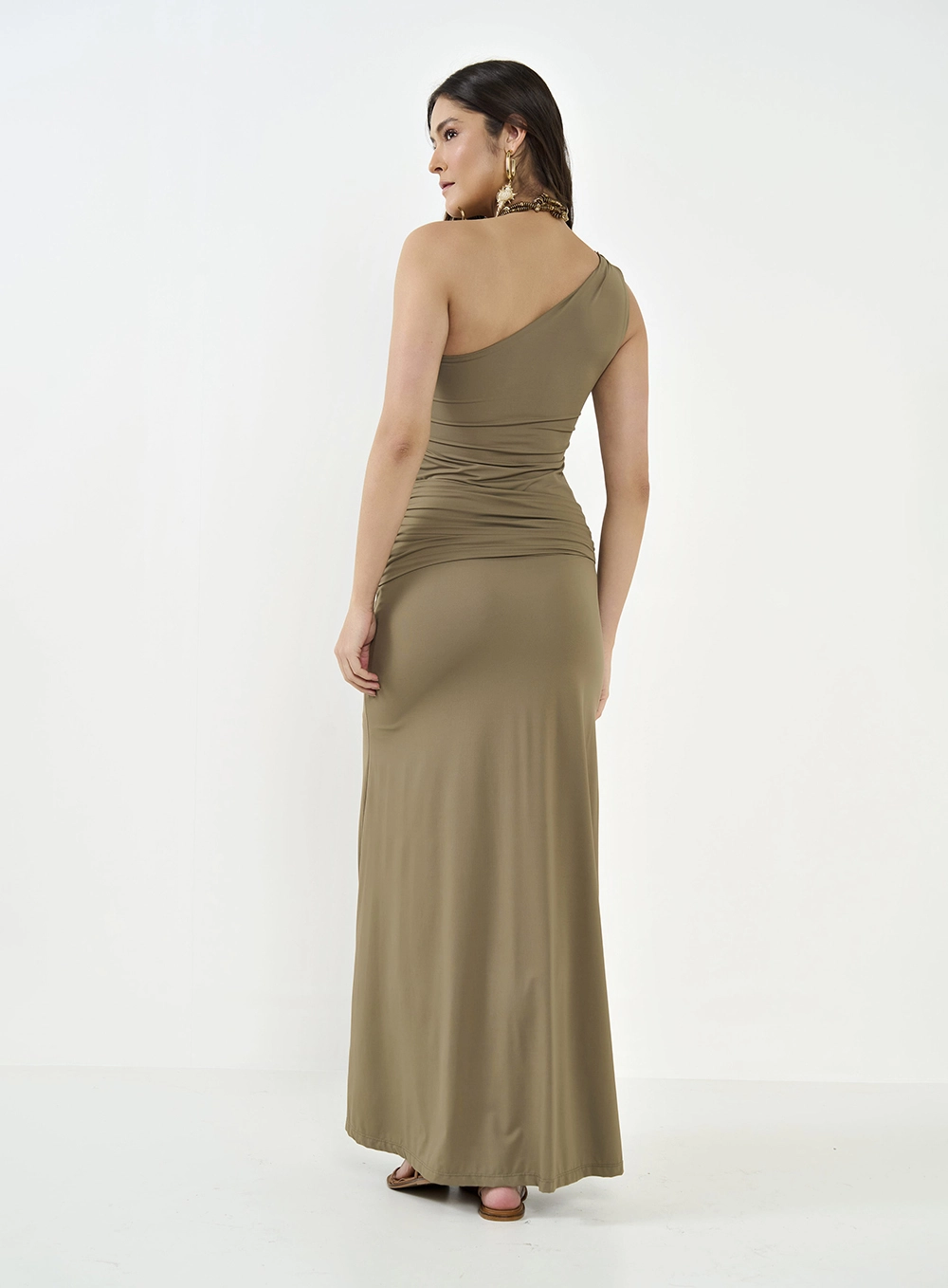Vestido Longo Assimétrico Drapeado Bege Misk