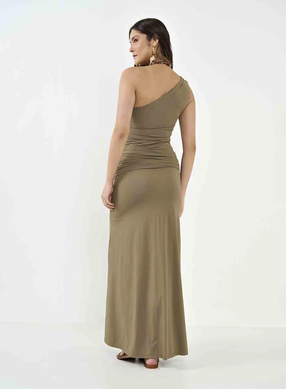 Vestido Longo Assimétrico Drapeado Bege Misk