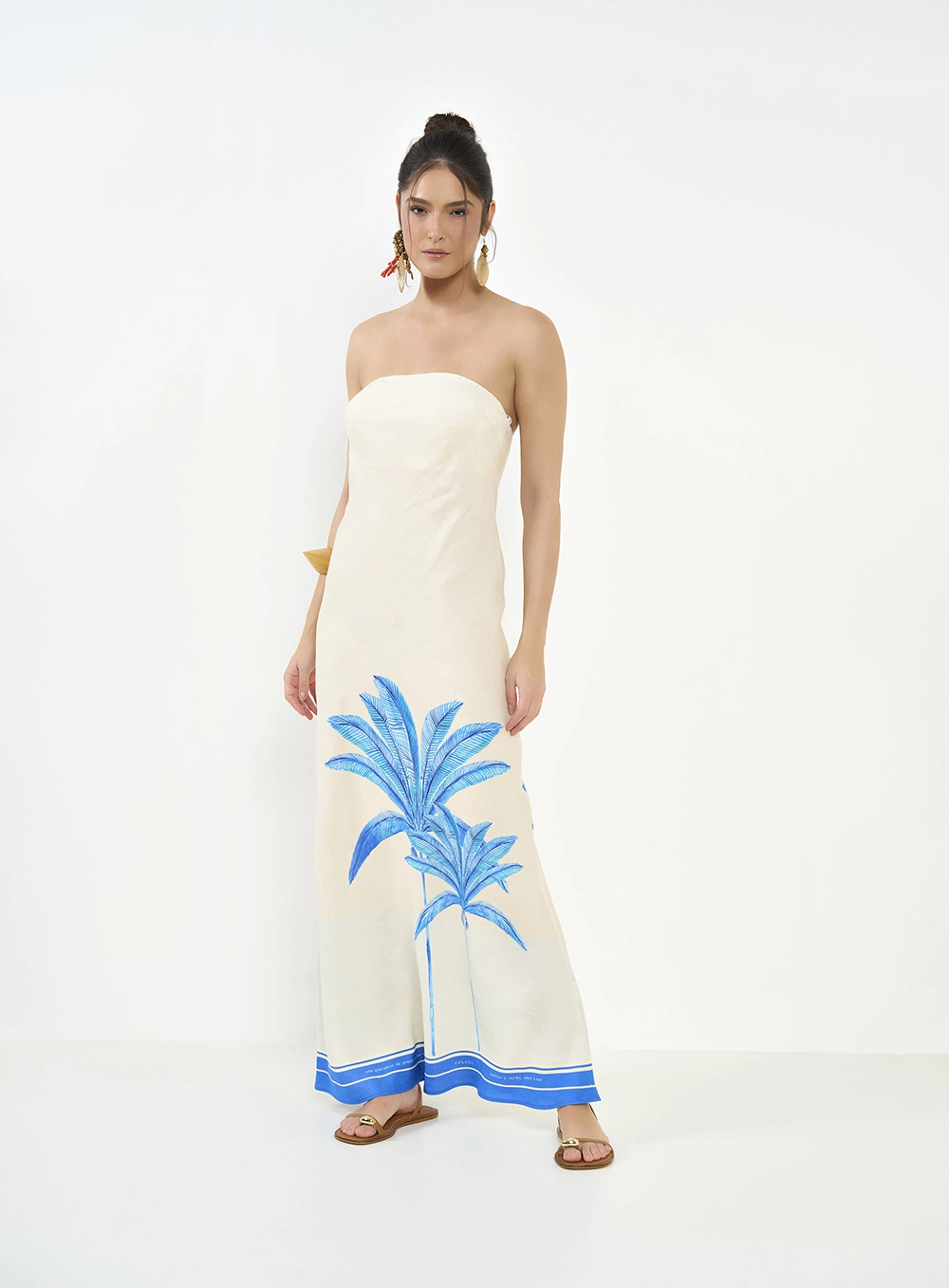 Vestido Longo Estampado Sem Alças Bege