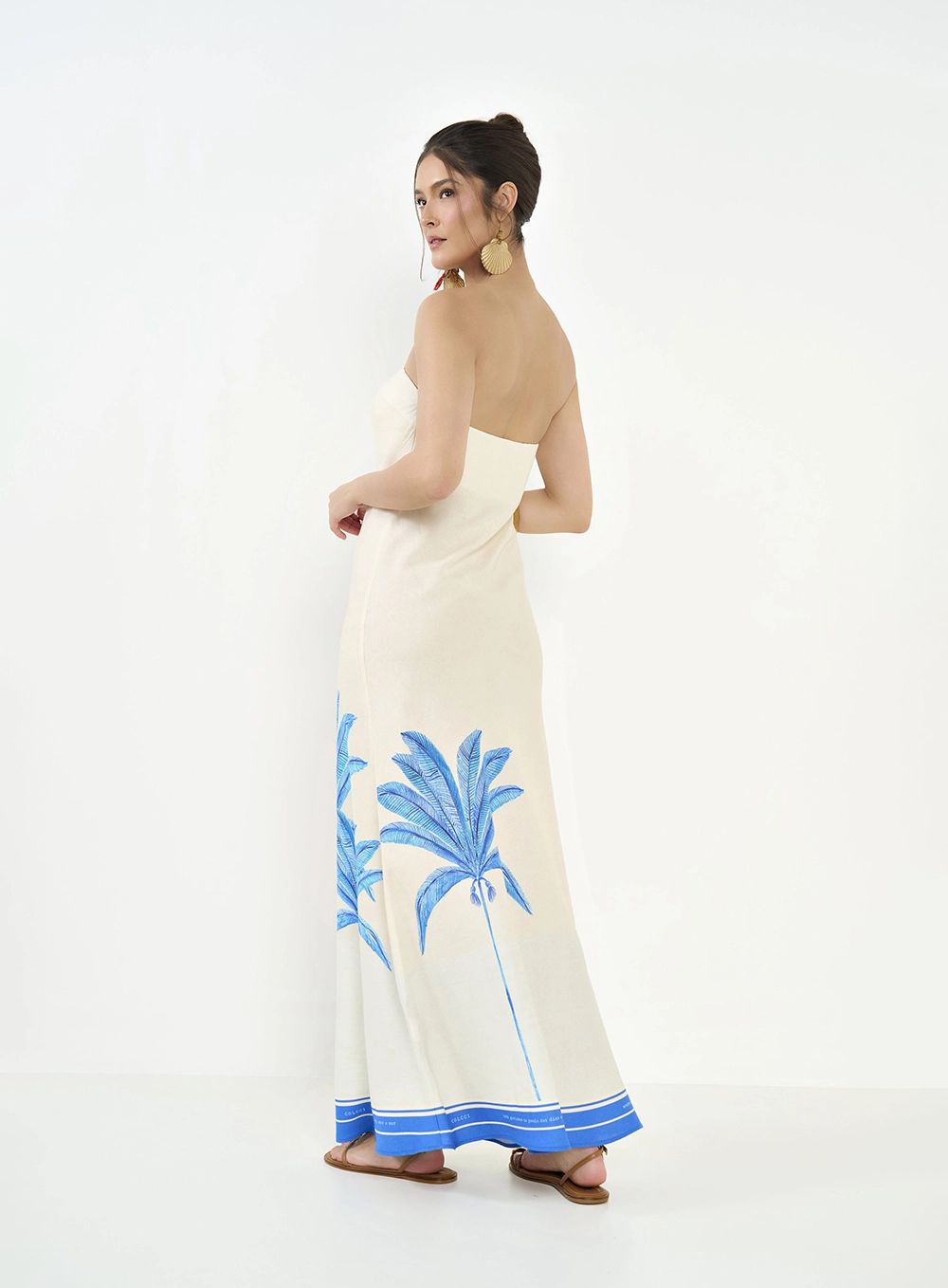 Vestido Longo Estampado Sem Alças Bege