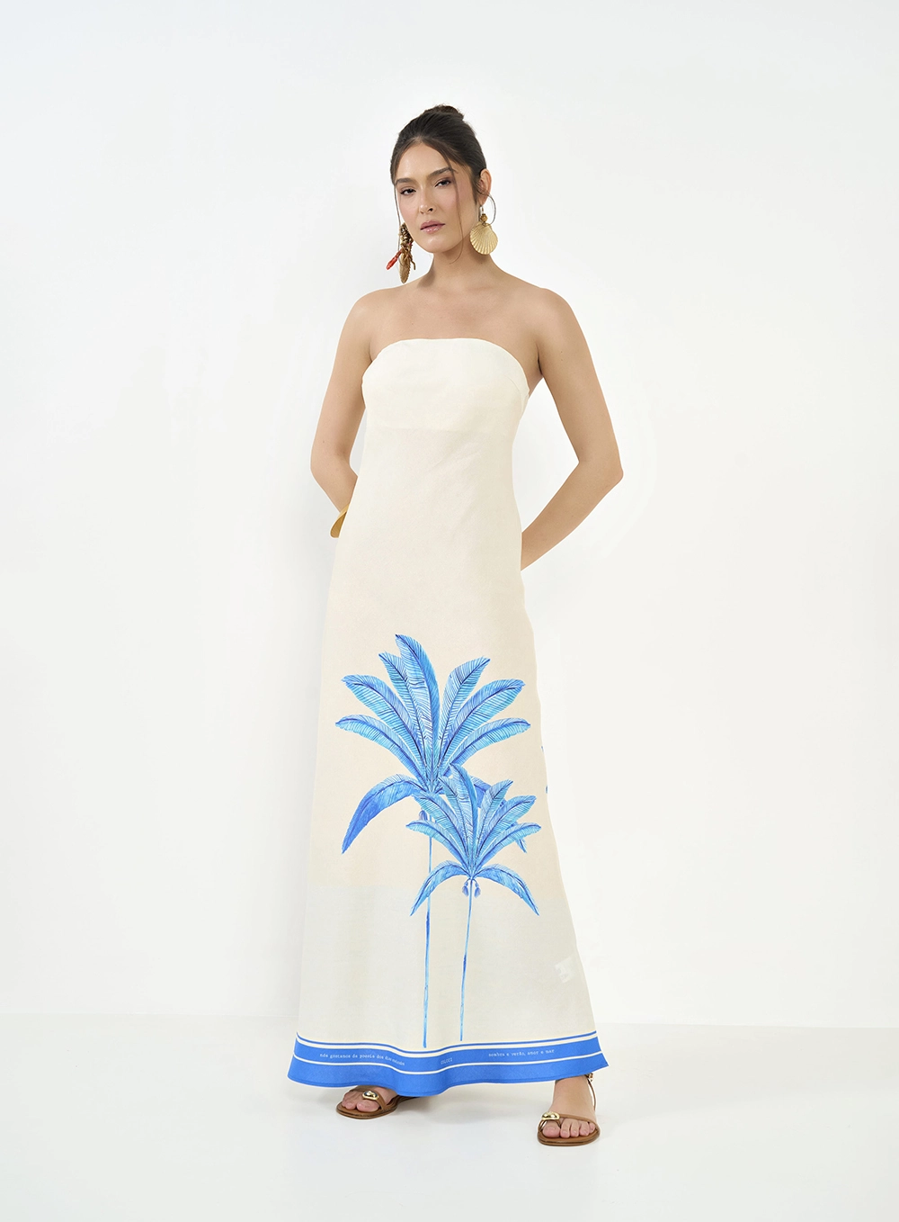 Vestido Longo Estampado Sem Alças Bege