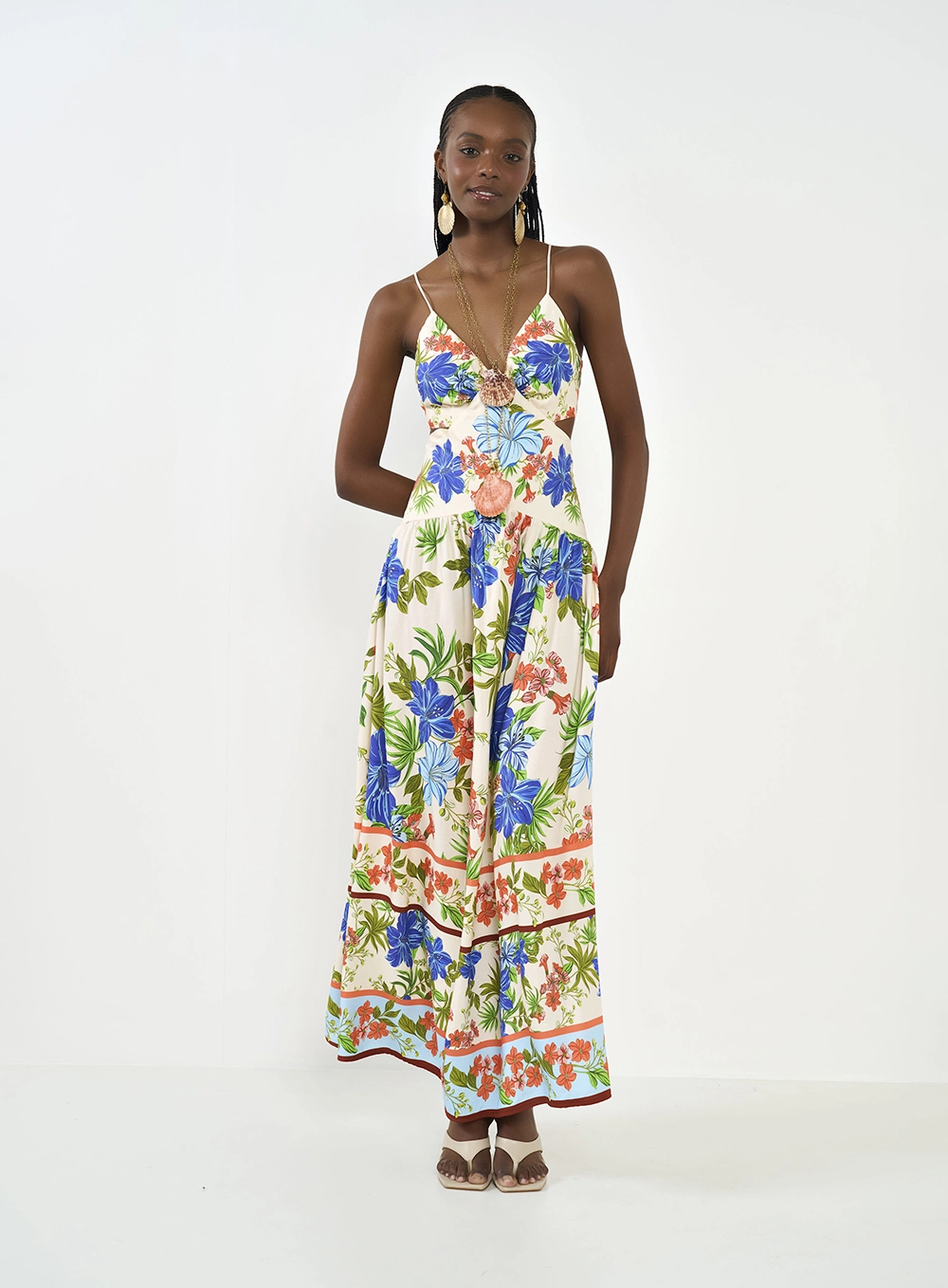 Vestido Midi Estampado Alças Finas Estampados