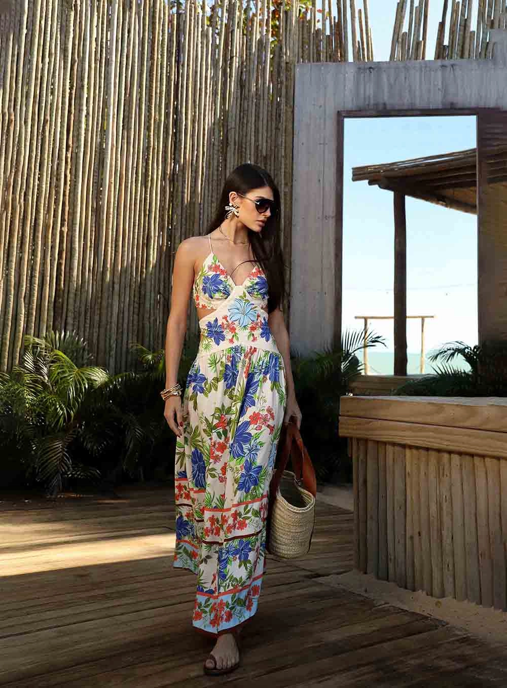 Vestido Midi Estampado Alças Finas Estampados