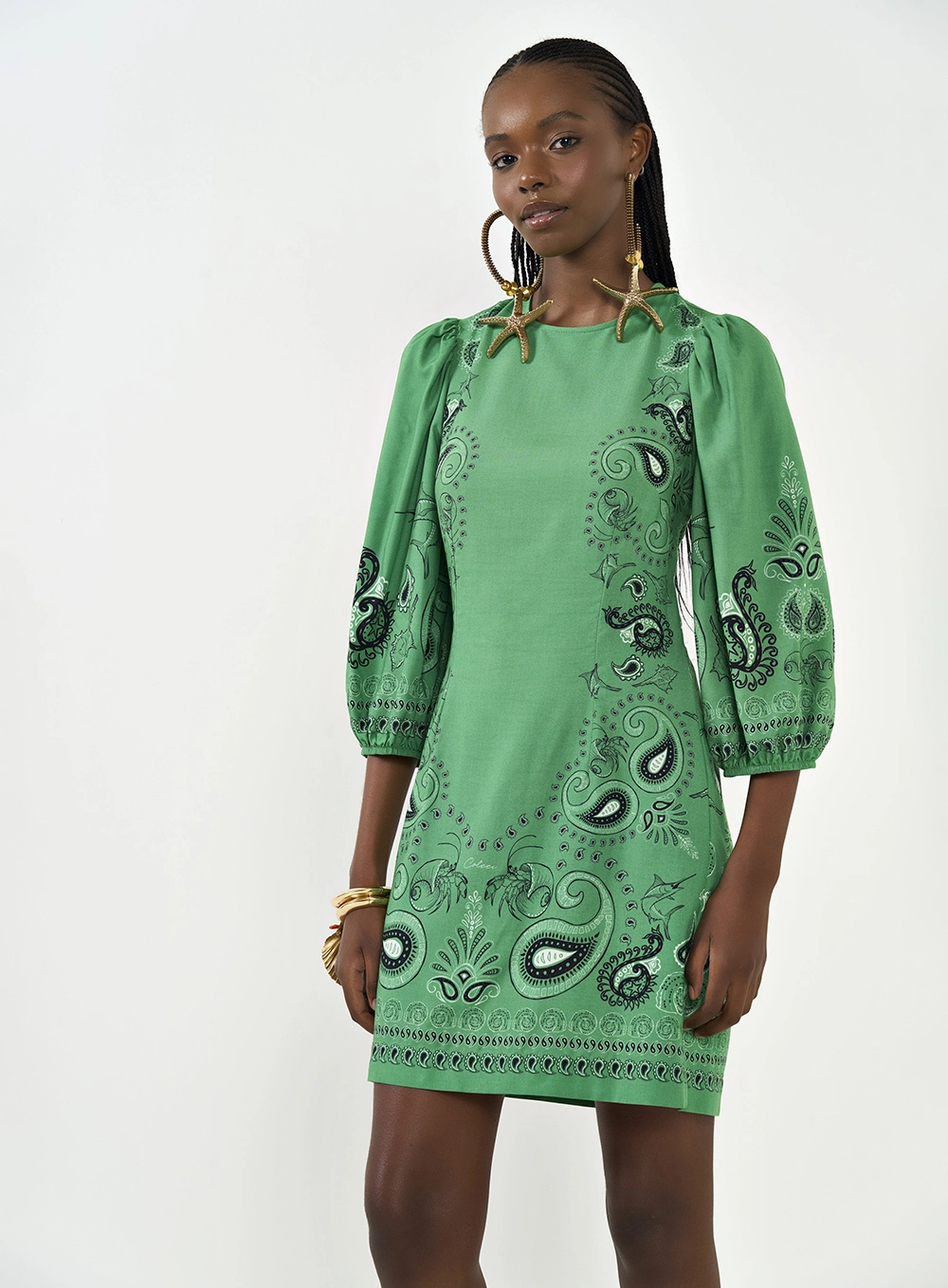 Vestido Estampado Com Mangas Bufantes Estampados