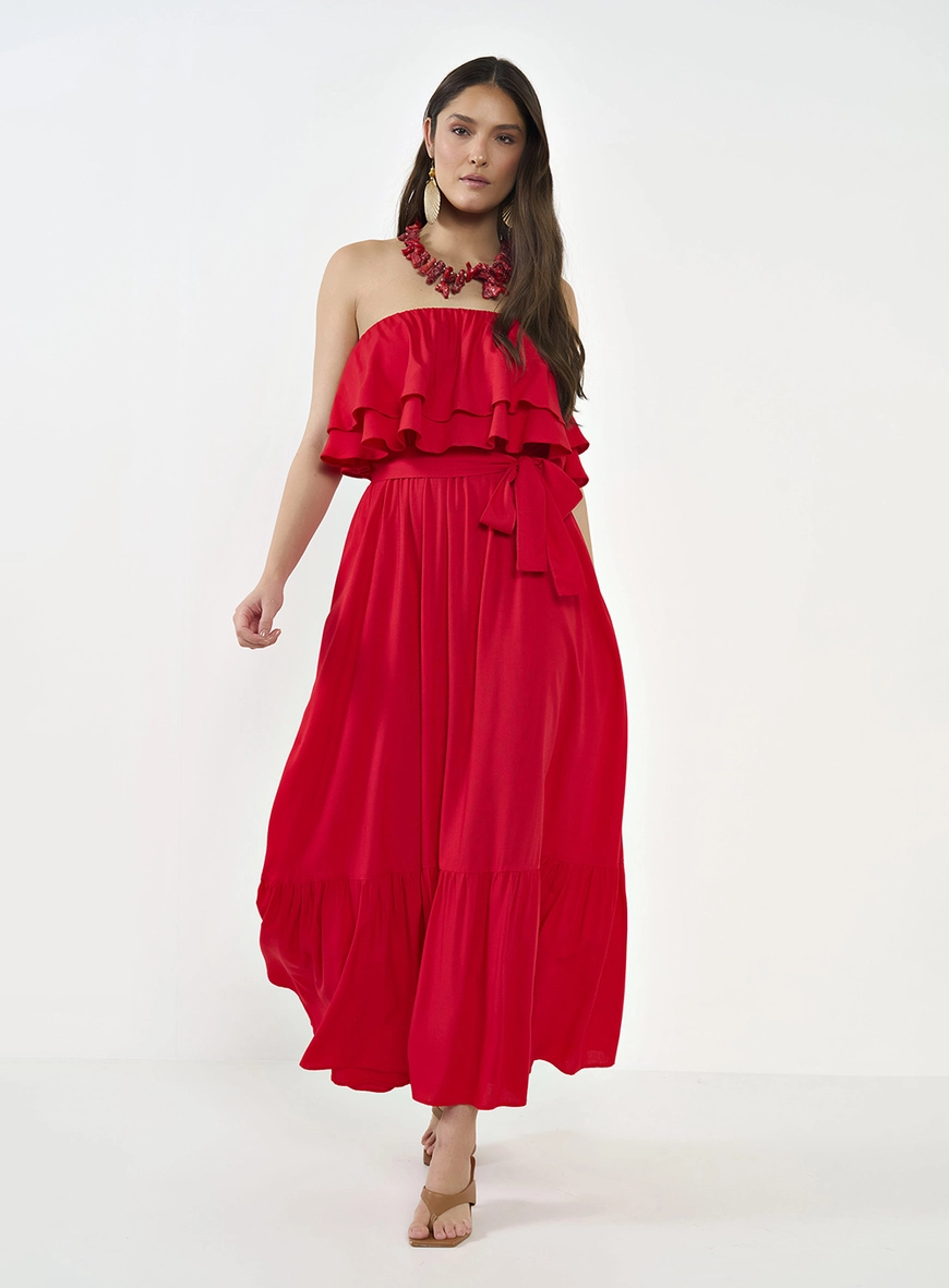 Vestido Midi Acinturado Com Babados