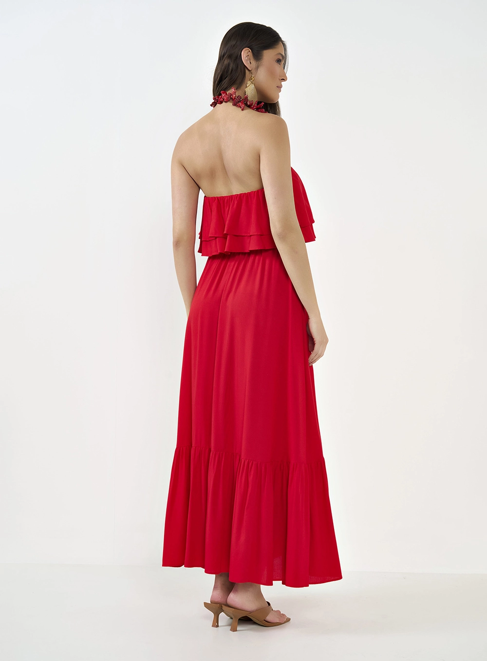 Vestido Midi Acinturado Com Babados Vermelho