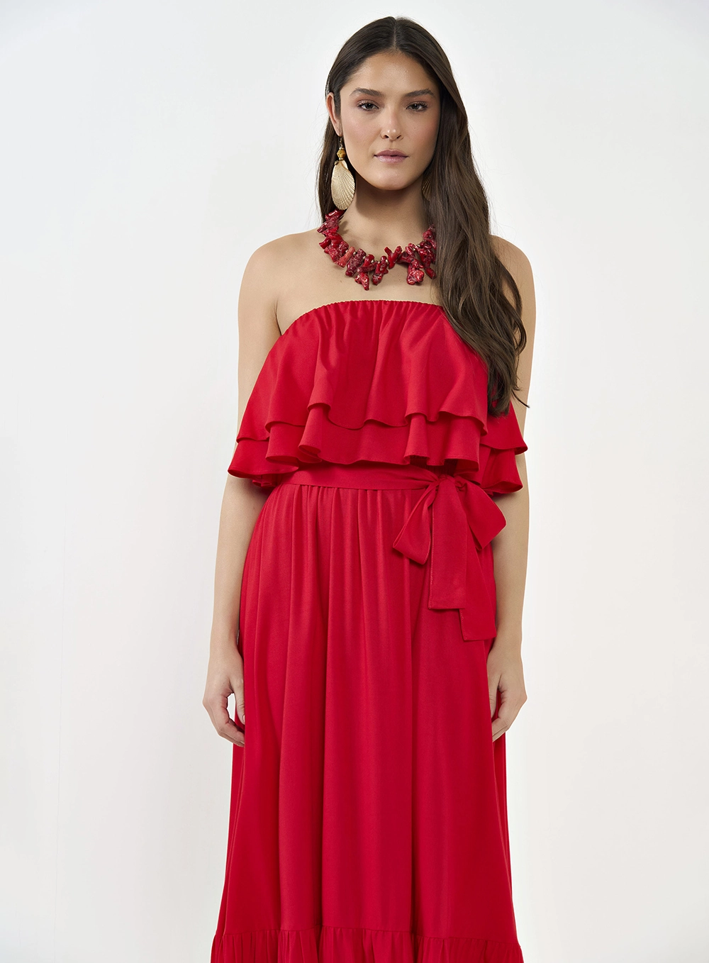 Vestido Midi Acinturado Com Babados Vermelho