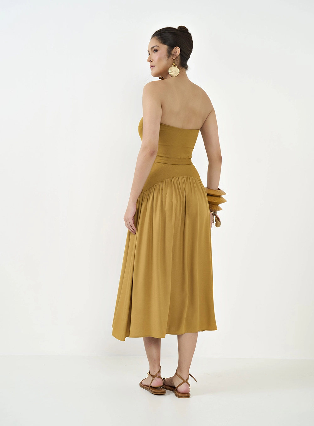 Vestido Midi Evasê Tomara Que Caia Marrom Ebbela