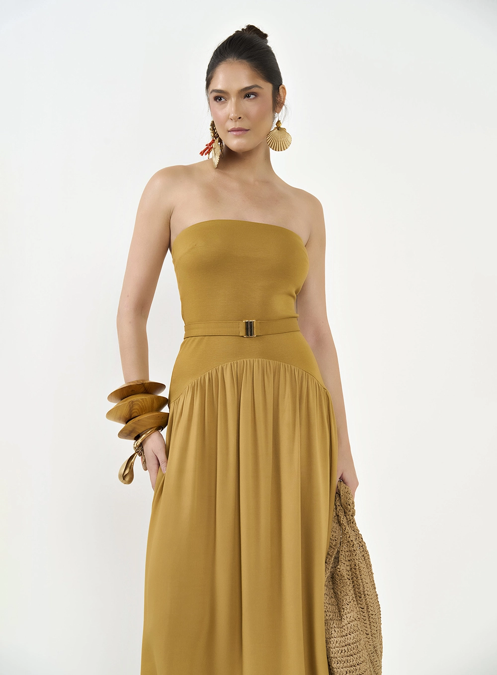 Vestido Midi Evasê Tomara Que Caia Marrom Ebbela