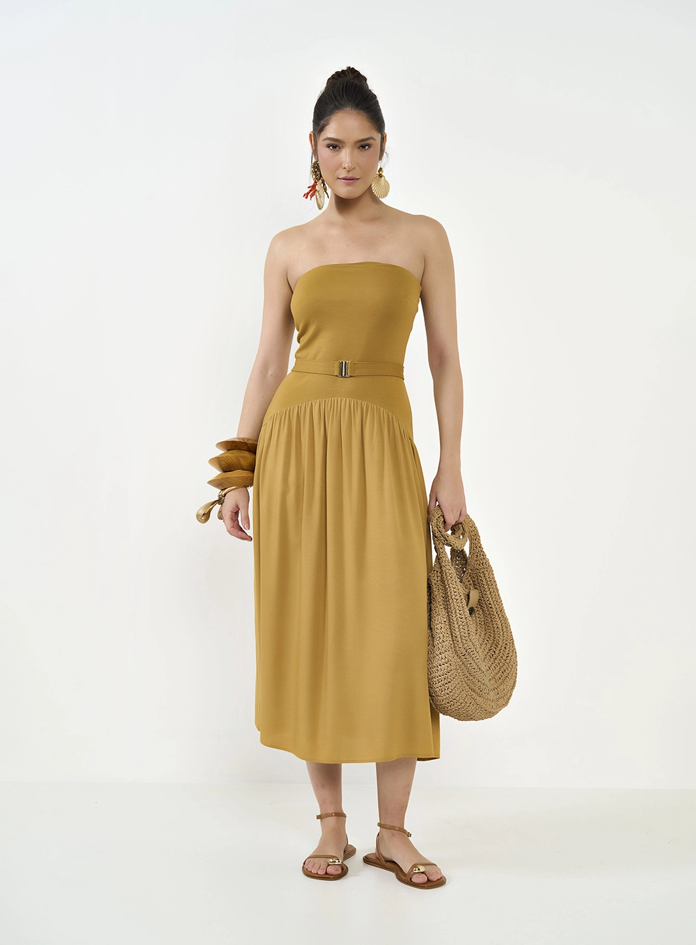 Vestido Midi Evasê Tomara Que Caia Marrom Ebbela