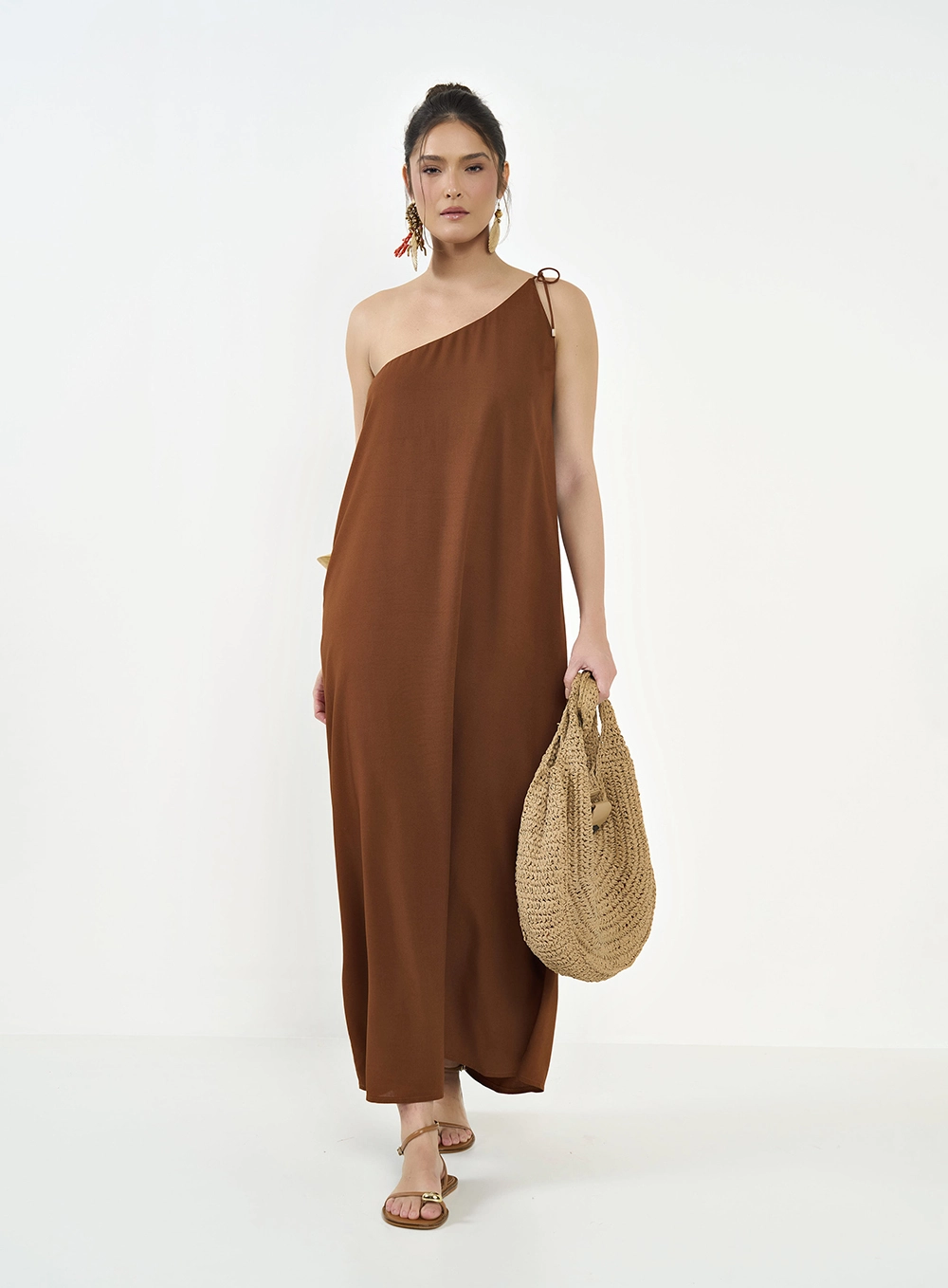 Vestido Midi Amplo Uma Alça Marrom