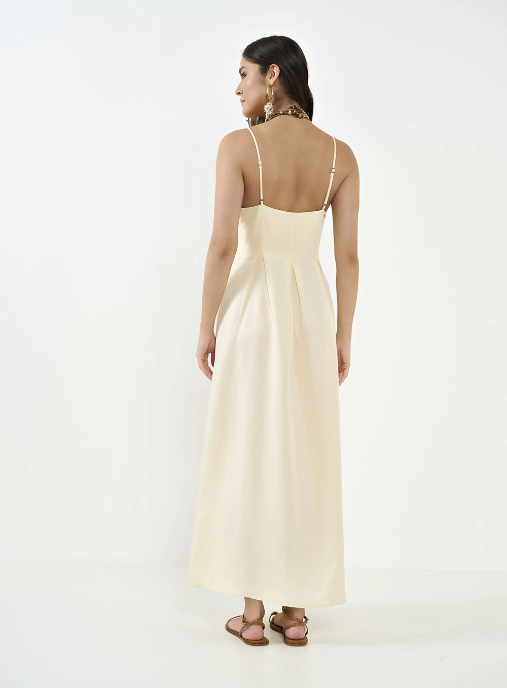 Vestido Longo Com Pregas Bege Leblanc