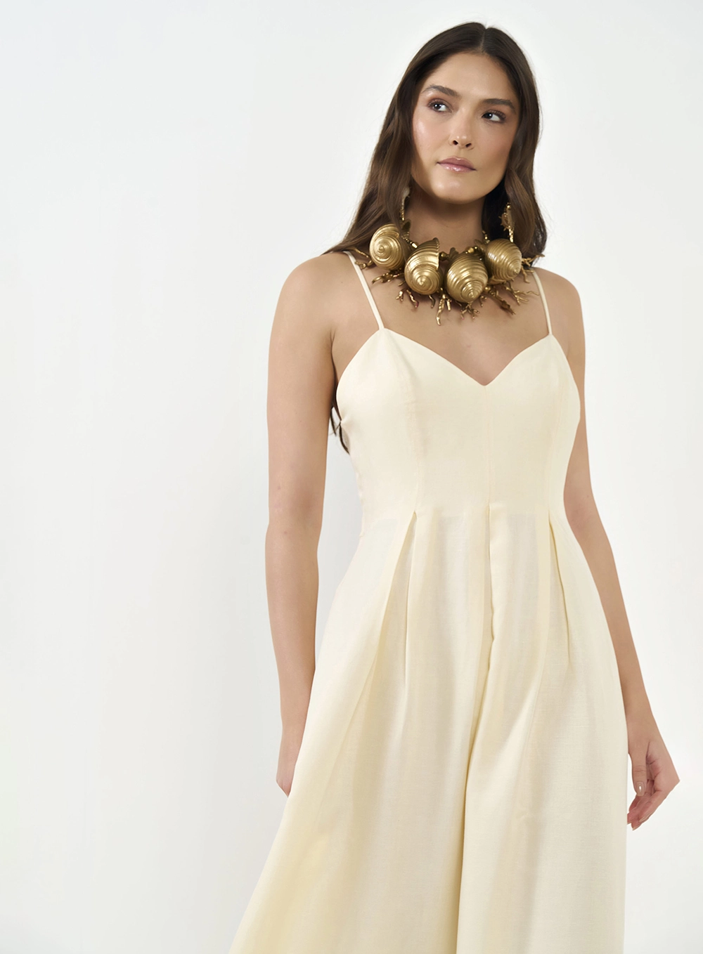 Vestido Longo Com Pregas Bege Leblanc