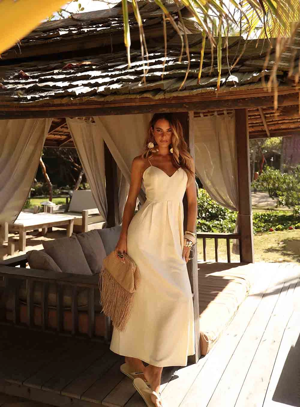 Vestido Longo Com Pregas Bege Leblanc