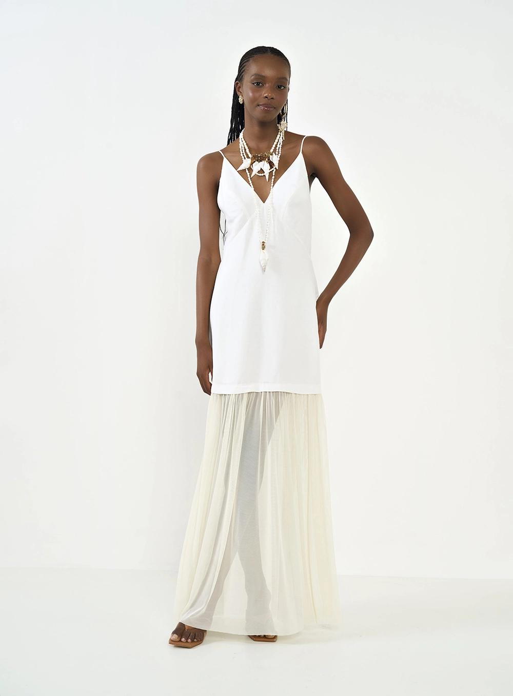 Vestido Longo Com Transparência Em Tule Off Shell