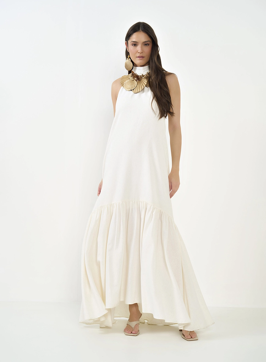 Vestido Frente Única Com Babado Na Barra