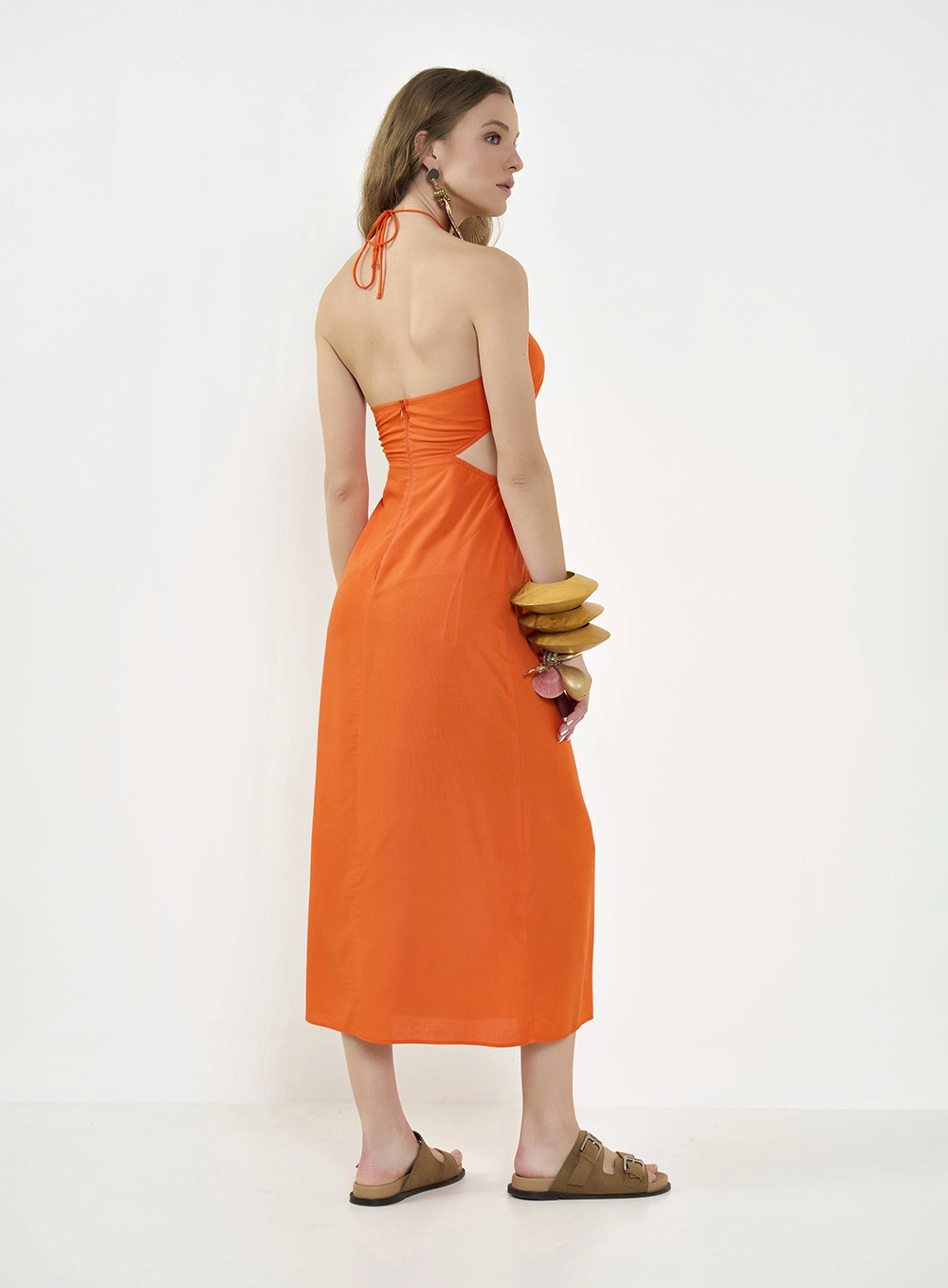 Vestido Halter Midi Com Recortes Laterais Laranja