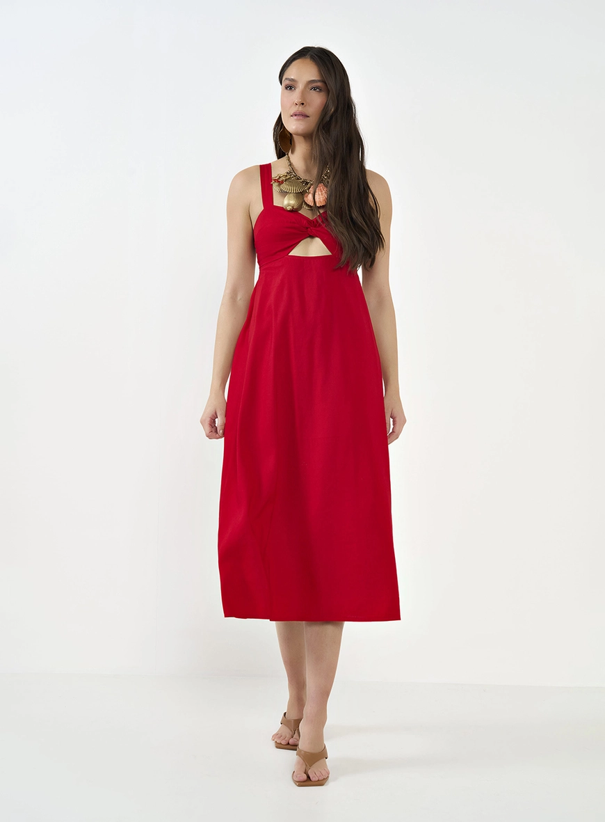 Vestido Midi Em Linho Com Recortes
