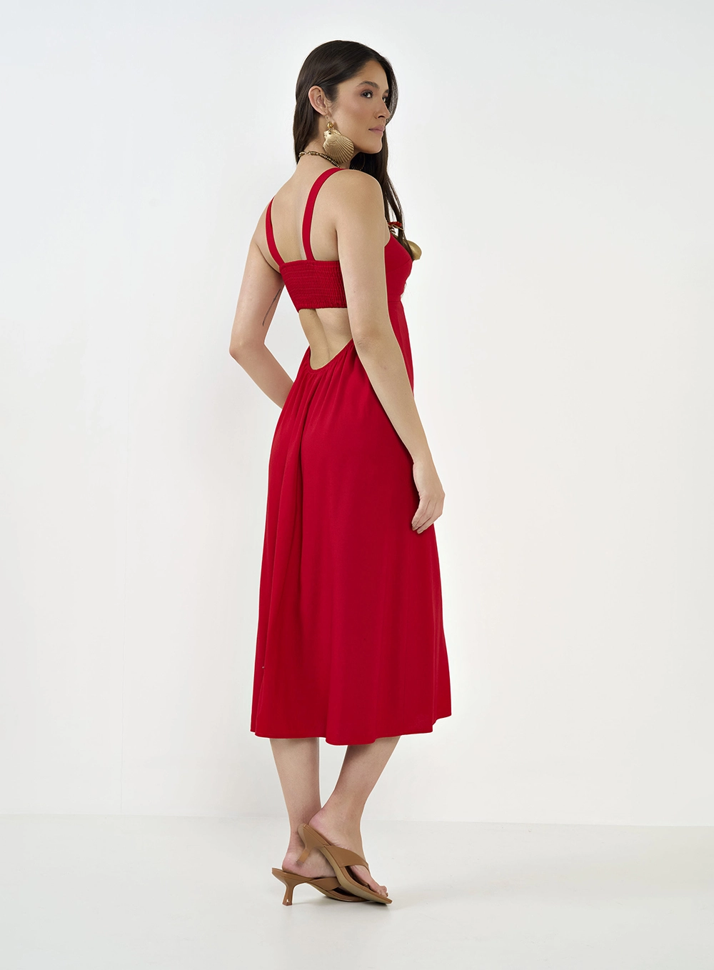 Vestido Midi Em Linho Com Recortes Vermelho