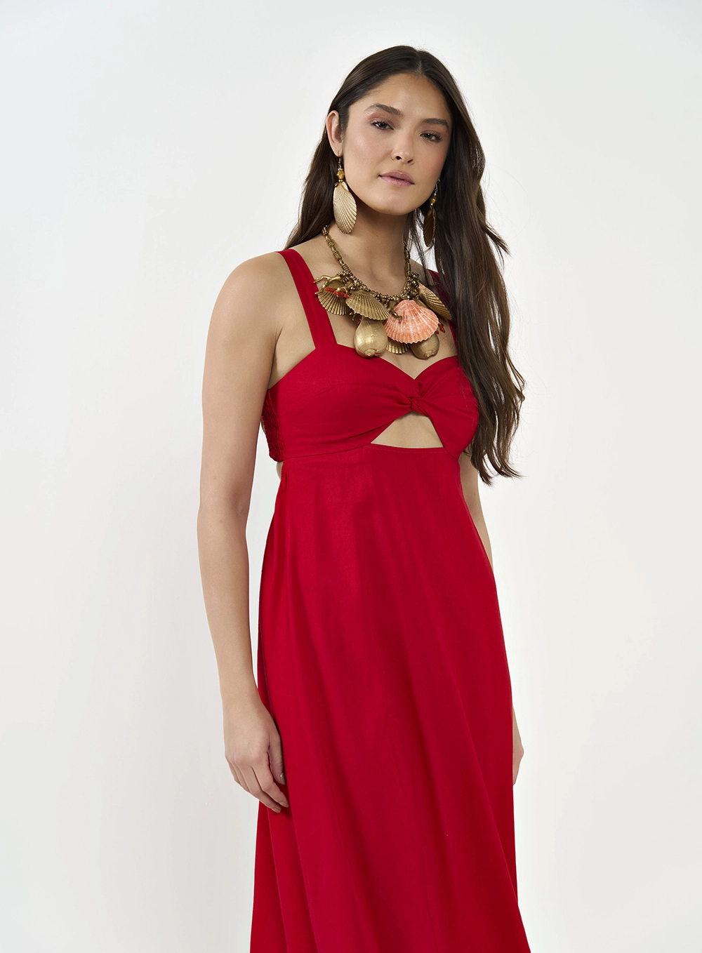 Vestido Midi Em Linho Com Recortes Vermelho