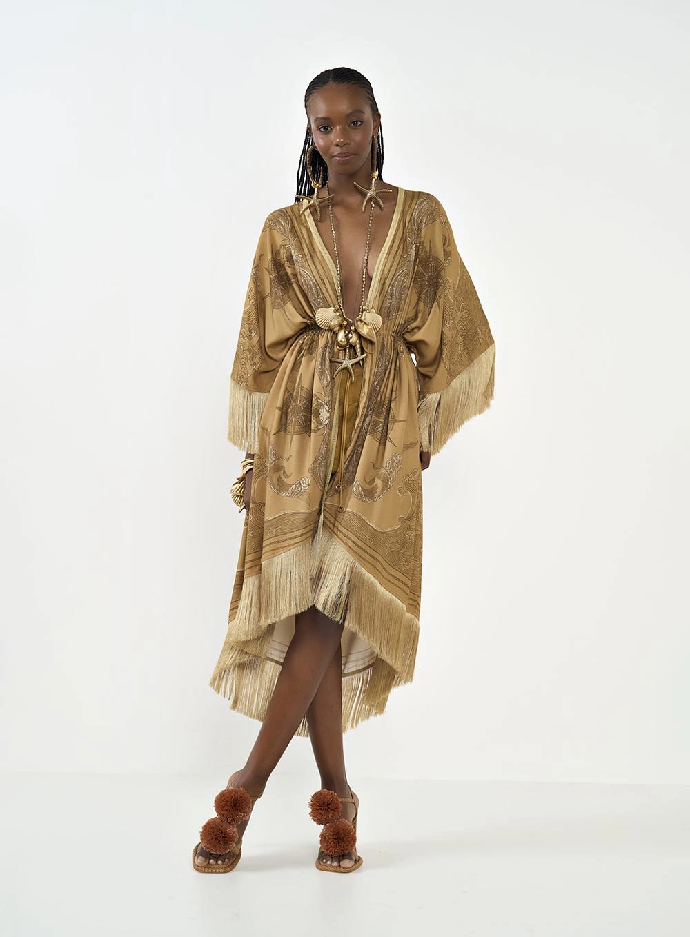 Kimono Estampado Com Franjas Estampados