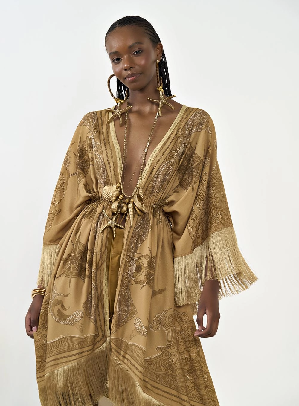 Kimono Estampado Com Franjas Estampados