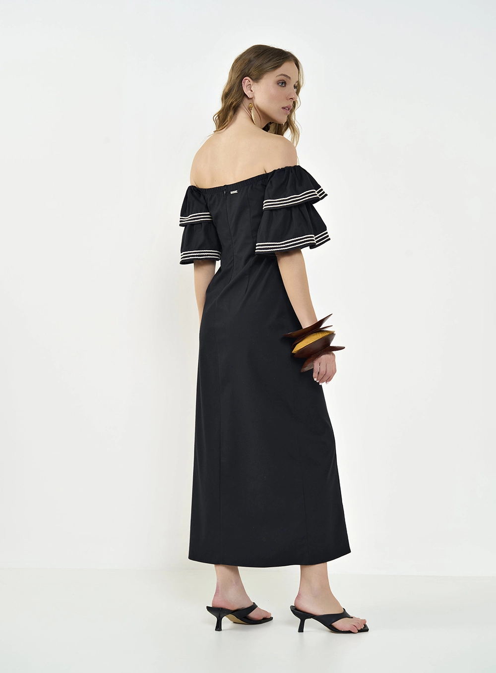 Vestido Ombro A Ombro Com Camadas Preto