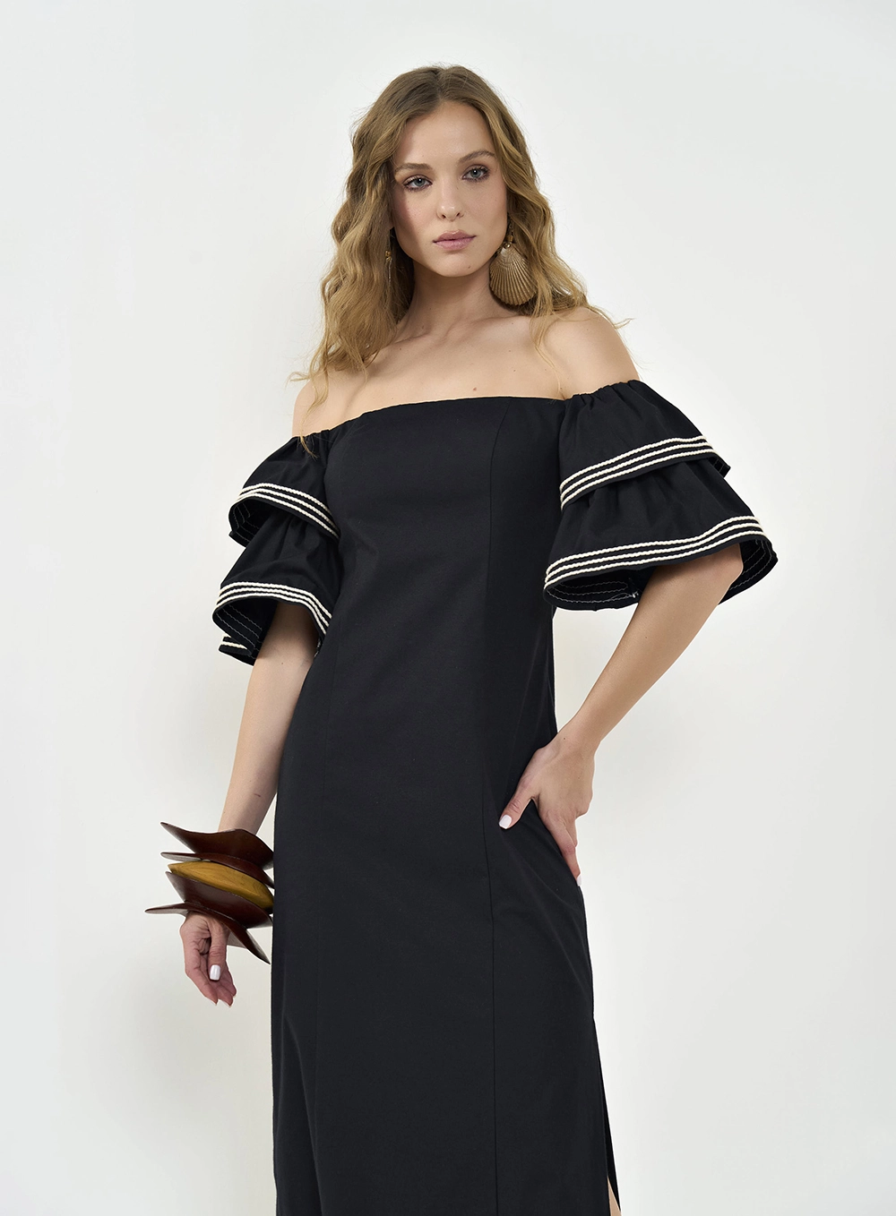 Vestido Ombro A Ombro Com Camadas Preto