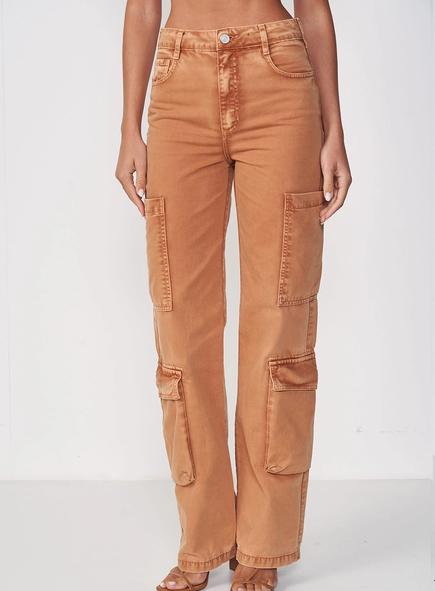 Calça Feminina Wide Leg Sarja Bolsos Cargo Berlim