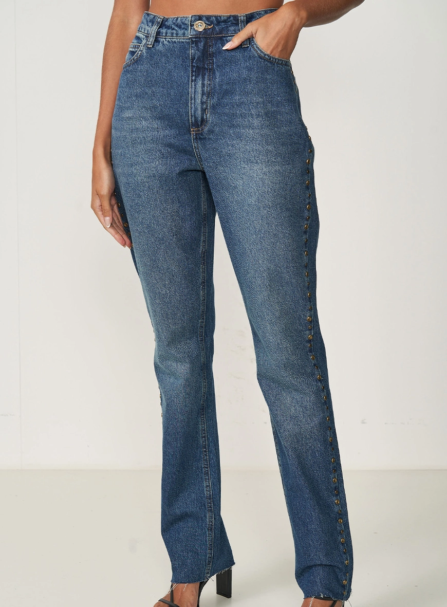 Calça Jeans Feminina Wide Leg Com Metais Berlim