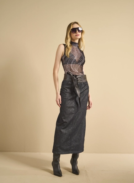 Saia Jeans Midi Com Cinto - Tufi Duek