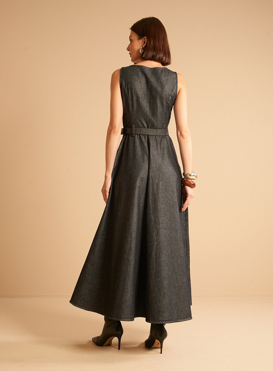 Vestido Jeans Longo Com Cinto - Tufi Duek Índigo