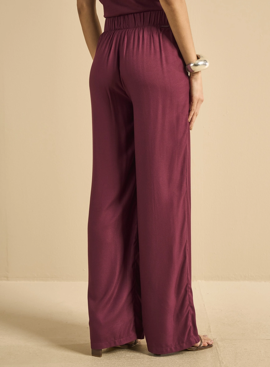 Calça Feminina Ampla Cós Com Elástico Bordô