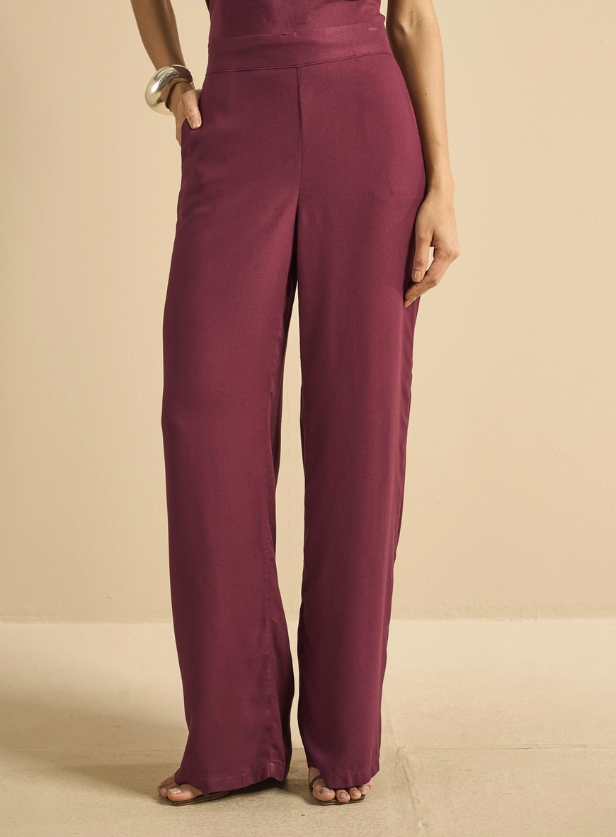 Calça Feminina Ampla Cós Com Elástico Bordô