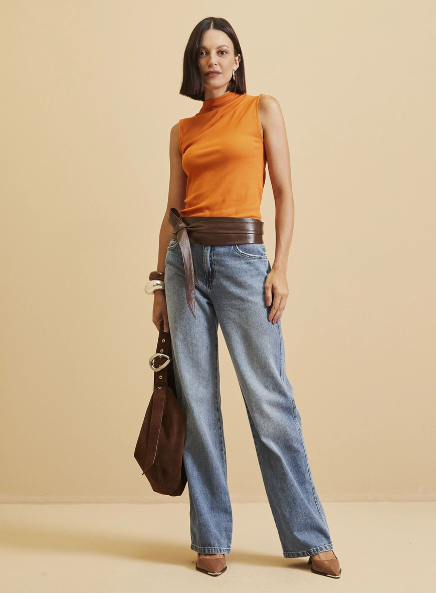 Calça Jeans Feminina - Raquel Wide Leg Com Cinto Índigo