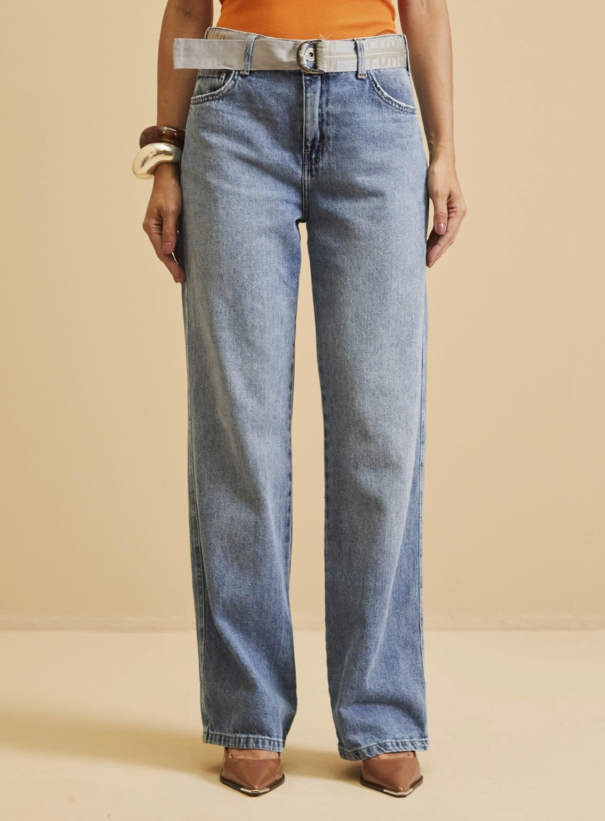 Calça Jeans Feminina - Raquel Wide Leg Com Cinto Índigo