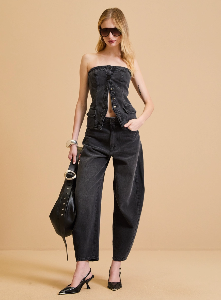 Calça Jeans Feminina Barrel Cropped Indigo Preto