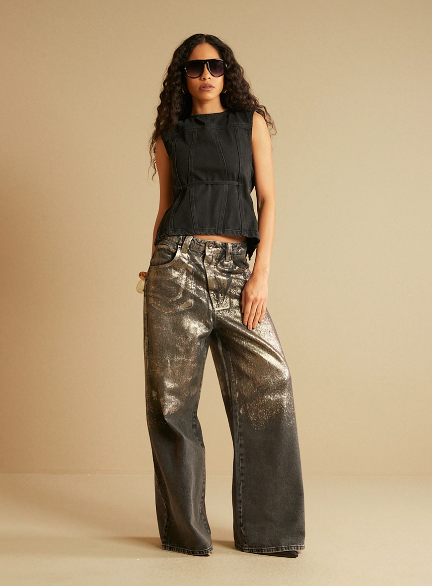 Calça Jeans Feminina Baggy Metalizada Indigo Preto