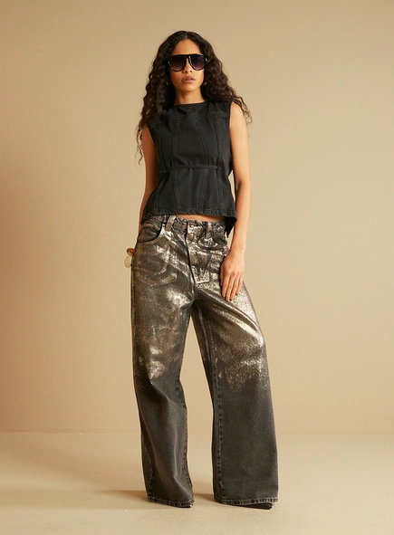Calça Jeans Feminina Baggy Metalizada