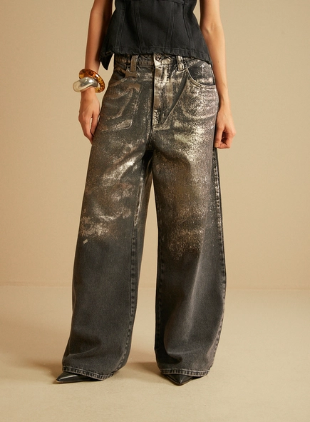 Calça Jeans Feminina Baggy Metalizada