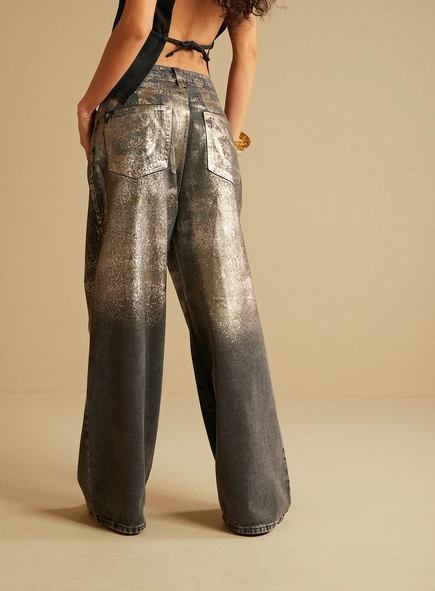 Calça Jeans Feminina Baggy Metalizada