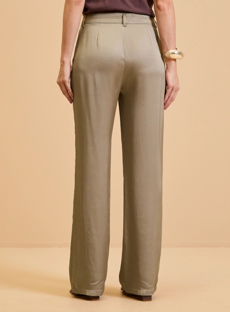 Calça Alfaiataria Feminina Reta Acetinada Bege