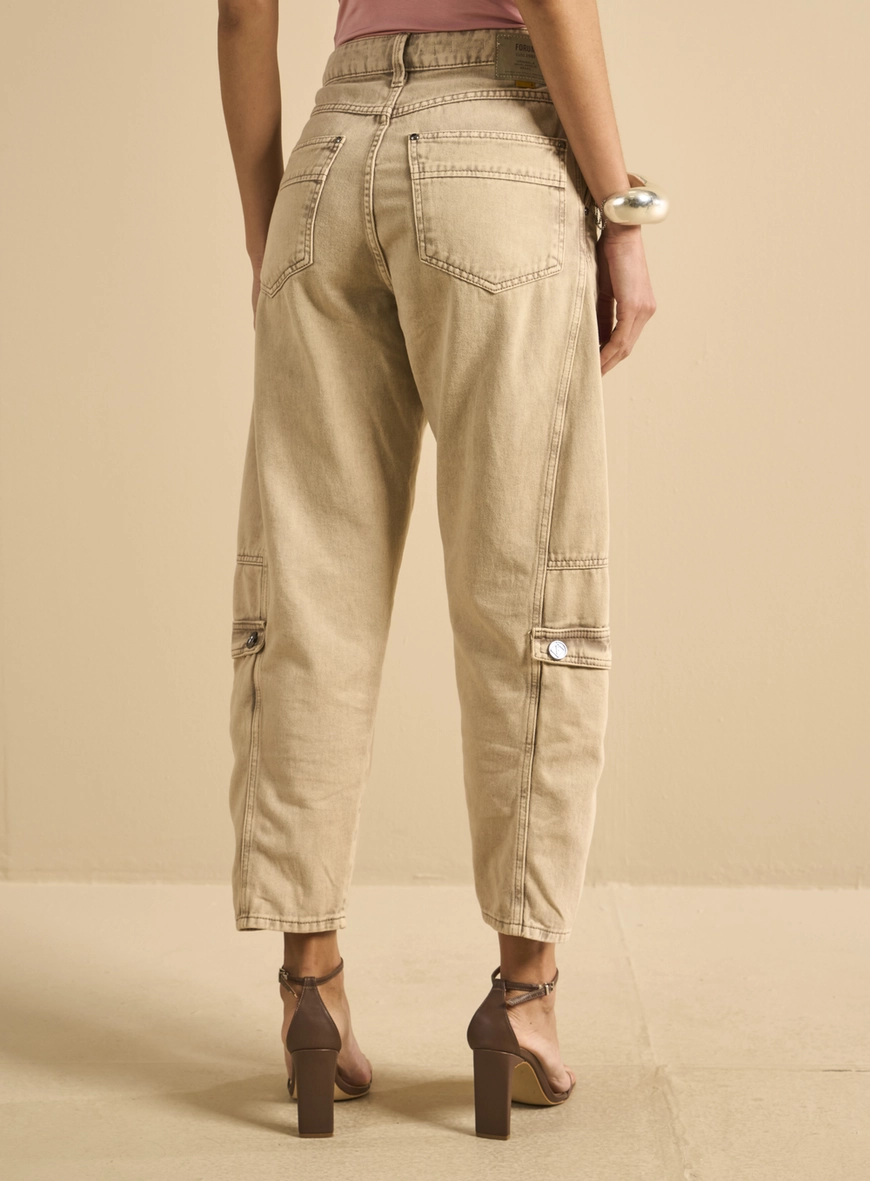 Calça Sarja Feminina Barrel Cropped Bege